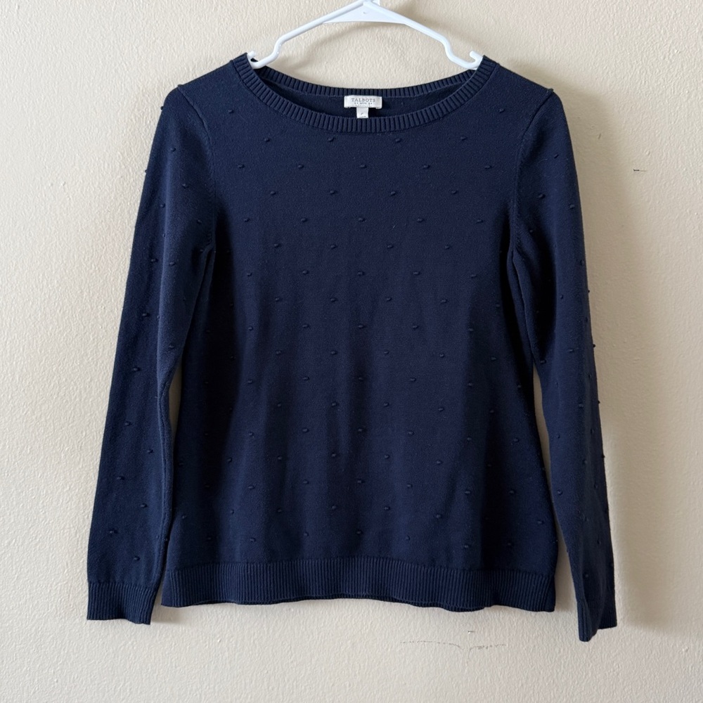 Talbots Navy 100% Cotton Popcorn Stitch Bobble Crewneck Sweater Size P / XSP